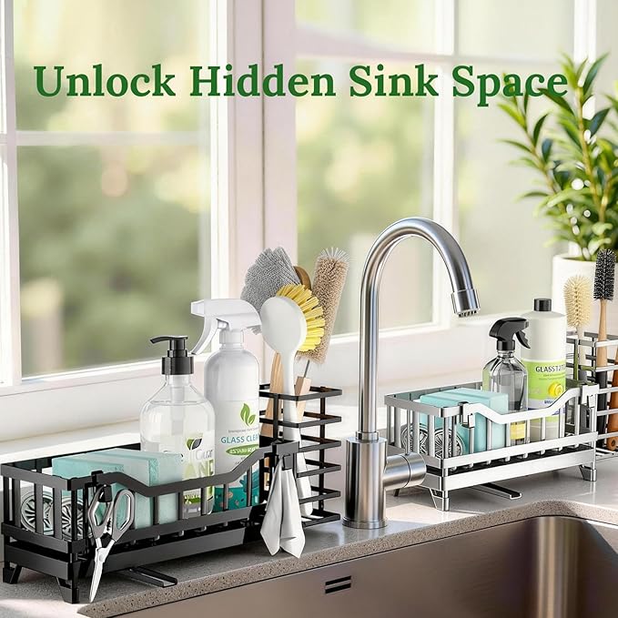 Sponge Holder for Kitchen Sink, Kitchen Sink Caddy with Long-Handled Dish Brushes Holder, 304 Rustproof Stainless Steel Countertop Organizers and Storage, Home Kitchen Sink Accessories (Grey)