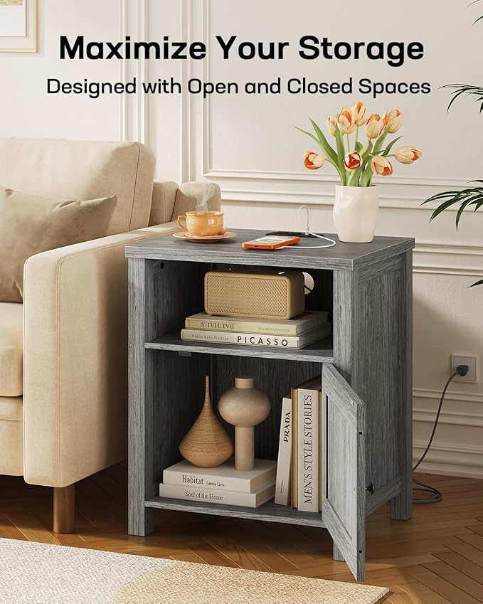 Marsail Farmhouse Nightstand with Charging Station, Wood Bedside Table with USB Port & AC Outlet, Open Shelf and Enclosed Cabinet, Side Table with Storage for Bedroom, Grey