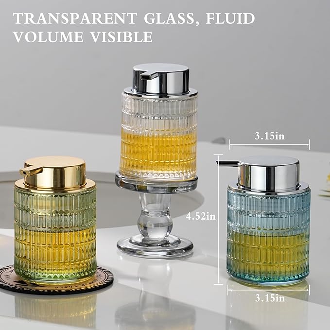 Foaming Hand Soap Dispenser, Glass Foam Soap Dispenser or Lotion Dispenser for Kitchen & Bathroom Refillable Liquid Soap Dispenser with Large Silver Pump(Striped Pattern-Clear)