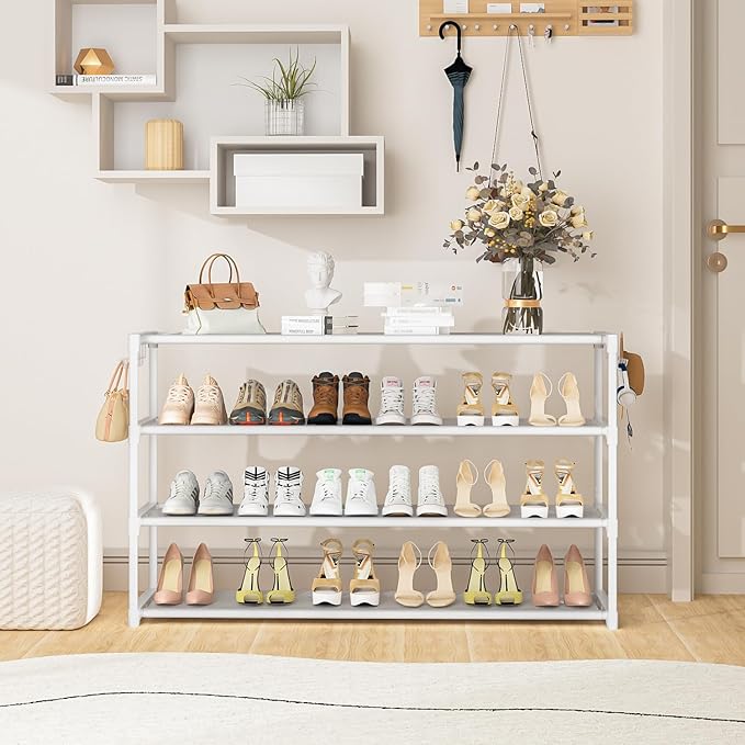 Extra Long Shoe Rack 4 Tier Shoe Storage Organizer with 2 Hooks, Wide Stackable Shoe Organizer Racks for Closet Entryway,Shoe Shelf Stand Sturdy Durable Shoes Holder Up to 26Pairs, White