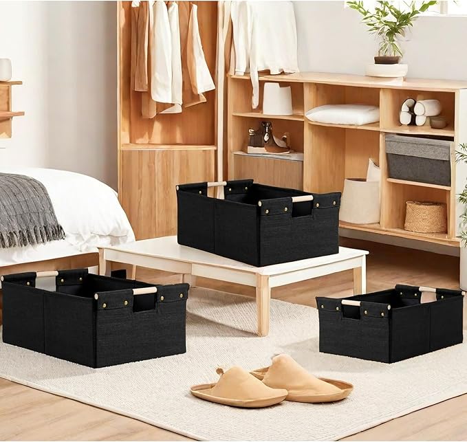 2PCS Storage Bins Cotton Linen Fabric Storage Boxes Basket with Wooden Handles Foldable Washable Decorative Shelf Container Closet Clothes Organizer Home Laundry (Small Size, Black)