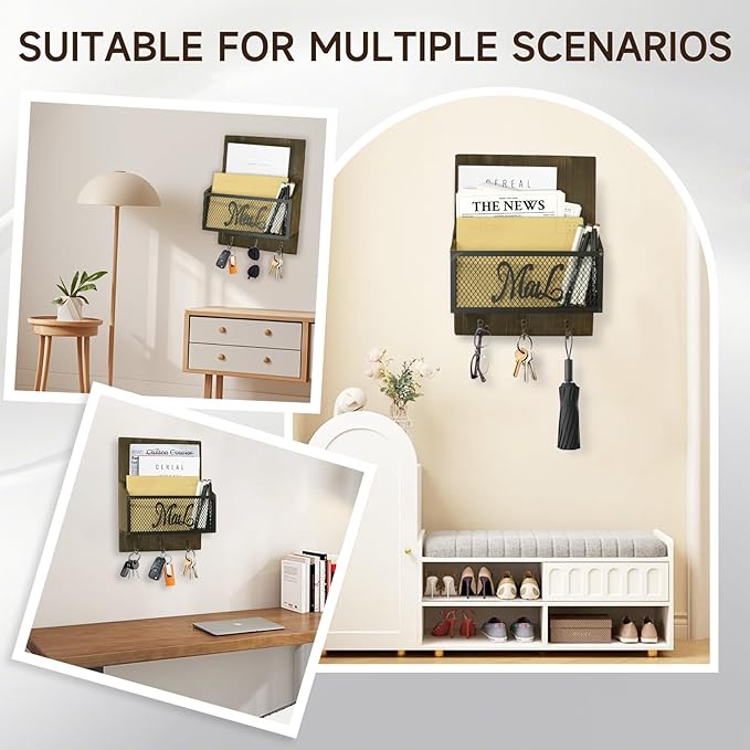 Key and Mail Holder for Wall, Farmhouse Mail and Key Organizer, Wood Mail Sorter with 3 Key Hooks for Doorway Entryway Hallway, Brown