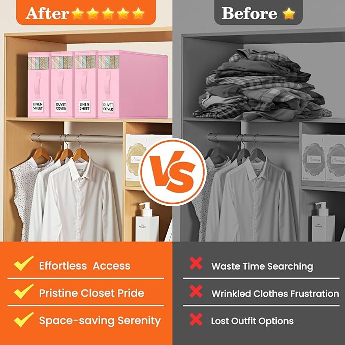 WOWBOX Sheet Organizers and Storage,Closet Bed Sheet Organizer Under Bed Storage and Organization with Label Cards & Clear Window for Bedding Sheets,Duvet Covers,Blankets (8 Pack,Pink)