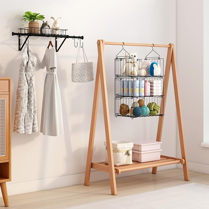 bukfen 3 Tier Hanging/Wall Closet Organizer with 4 Hooks,Stackable Closet Organizers and Storage Shelves,Foldable Wire Clothes Shelf,Hanging Laundry Basket Organizer,1 Pack