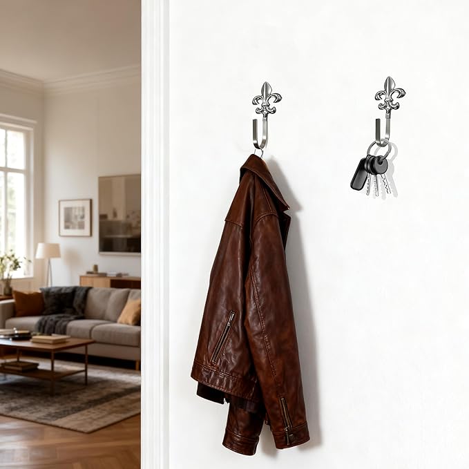Decorative Wall Hooks for Hanging Things, Vintage Fleur De Lis Metal Coat Hooks, Heavy Duty Silver Rustic Hook for Key, Jewelry, Curtain Tie Backs, Towel, Hat, Small Decorative Hardware 4 Pack