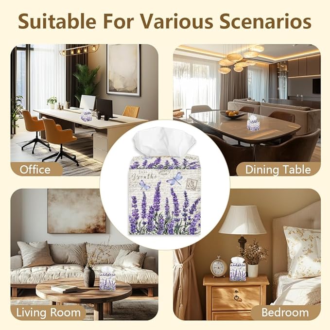 Lavender Tissue Box Holder, Flower Square Tissue Box Cover Foldable Tissue Storage Box Waterproof Paper Towel Case Container Organizer Tissue Box Holder for Bedroom Bathroom Car Nightstand