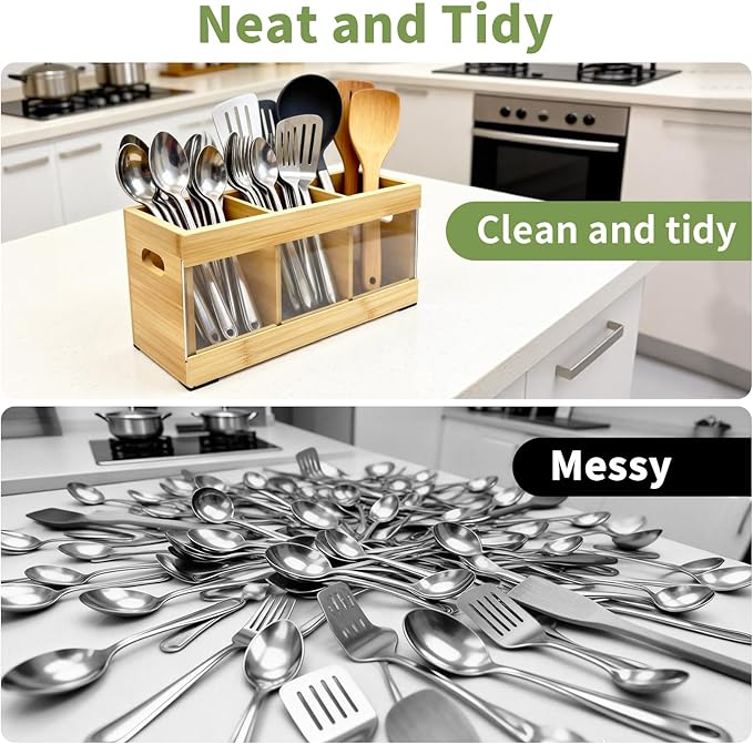 Farmhouse Bamboo Utensil Organizer - 6 Adjustable Compartments, Water-Absorbing Diatomaceous Earth Base for Kitchen Counter/Party (12.6" L x 4.8" W x 5.9" H)