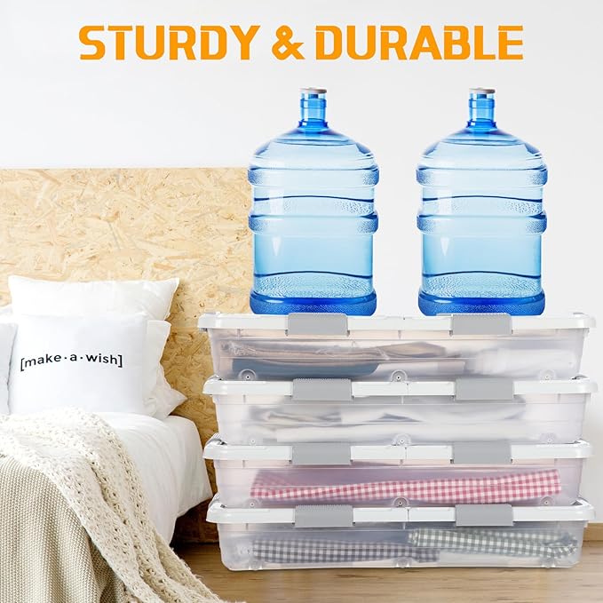 4 Pcs Plastic Under Bed Storage Container with Double Opening Lid Wheel Handle, Transparent Large Capacity Stackable Latching Festival Storage Bin for Closet Bedroom, 31.5x15.8x5.2 In(White)