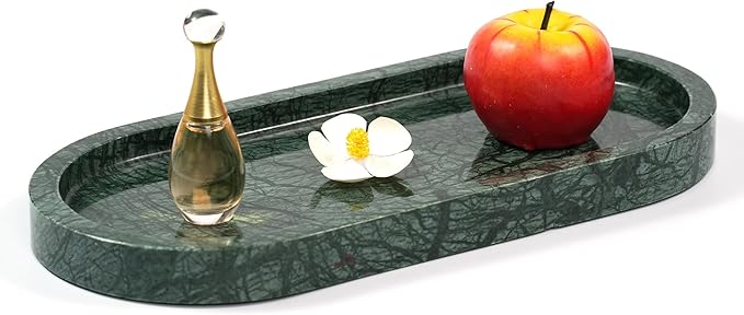 Green Marble Oval Tray - Stone Decorative Perfume Trinket Jewelry Dish, Catchall Organizer for Bathroom Vanity Dresser Kitchen Countertop Home Decor
