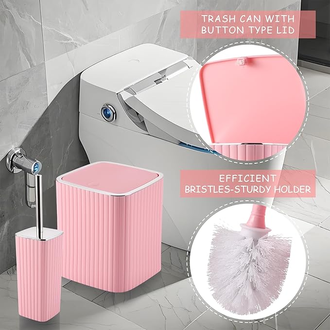 Pink Bathroom Accessories Set - Gorgeous Bathroom Set, 10PC Bathroom Accessory Set, Toilet Brush, Trash Can, Qtip Holder & Soap Dispenser