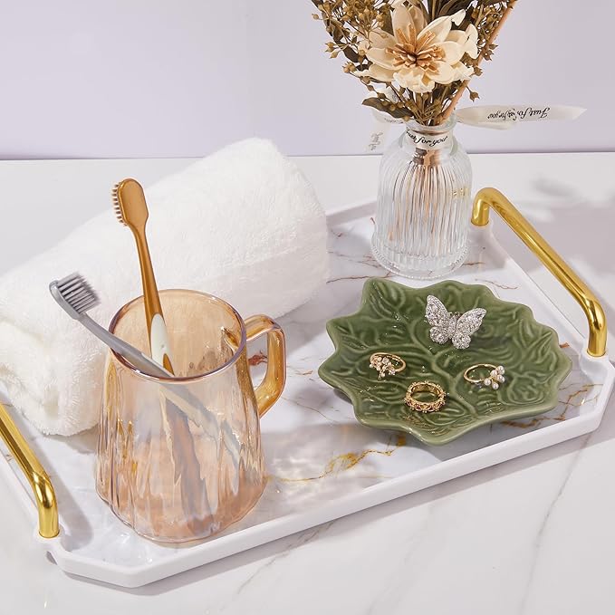 Jewelry Dish Trinket Tray for Women, Ring Dish Holder, Unique Leaf Shape Ceramic Plate Cute Things Vanity Aesthetic Room Decor Mother's Day Birthday Christmas Warm House Gifts (Green)