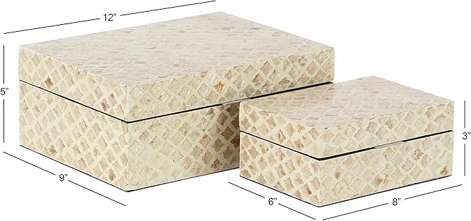 Deco 79 Mother of Pearl Shell Handmade Decorative Box Decorative Keepsake Boxes with Hinged Lid, Set of 2 Storage Boxes 12", 8"W, Cream