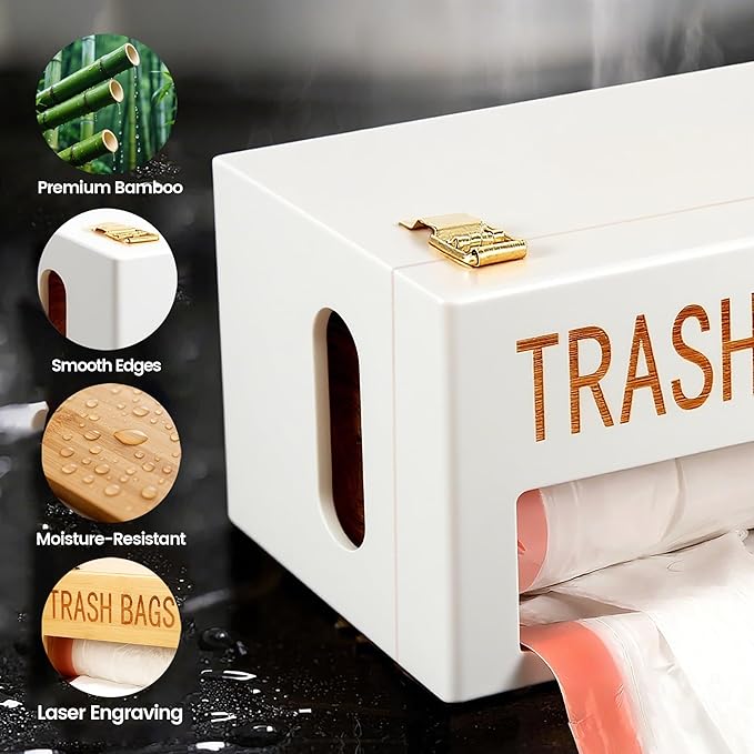 Extra Large White Bamboo Trash Bag Holder Dispenser, Fits Costco & Sam's Club Jumbo Rolls, Under-Sink, Cabinet & Wall Mount Organizer, Garbage Bag Storage for Kitchen, Pantry, Garage