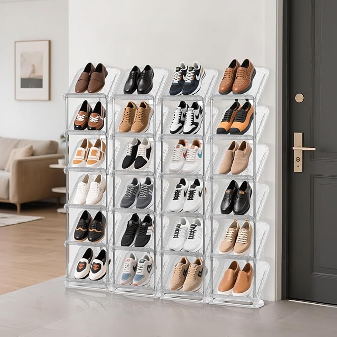 Vertical Shoe Rack 8 Tiers Narrow Clear Sneaker Storage Holder Luxurious Slim Tall Organizer Space Saving Shelf for Entryway Garage 10.4" W x 64.5" H x 9.8" D (Transparent)