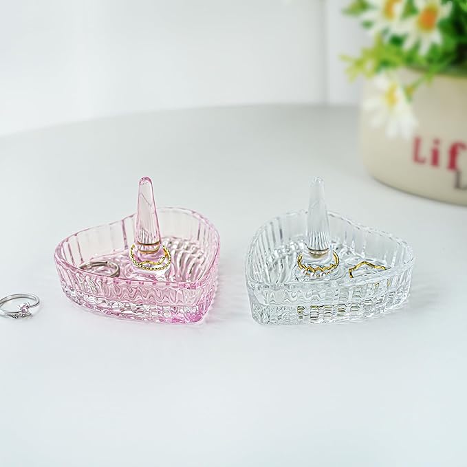 kanpura Crystal Pink Ring Holder Heart Shaped Ring Holder Dish, Jewelry Trinket Tray Wedding Birthday Christmas Gift for Women