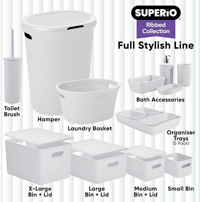 Superio Ribbed Collection - Decorative Plastic Basket Open Home Storage Bins Organizer, Large White Smoke (6 Pack) Container Boxes for Organizing Closet Storage Bins for Shelves 15 Liter/16 Quart