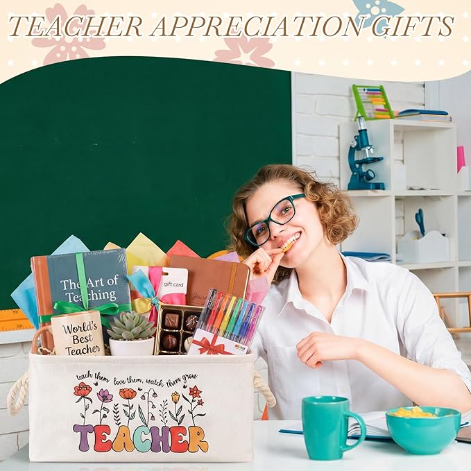 Marsui Teacher Basket Teacher Appreciation Gifts Book Storage Basket Large Foldable Linen Reading Accessories Back to School Teachers Gifts from Student Classroom Office Home