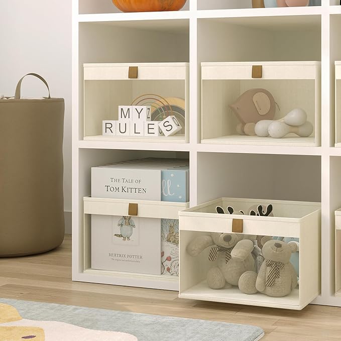 Linen Closet Organizers and Storage, Closet Storage Bins Basket Organizer, Foldable Organization Baskets with Mesh Window for Clothes Towels and Toys, 14.5" x 14.5" x 10.25", Beige, 2 pack