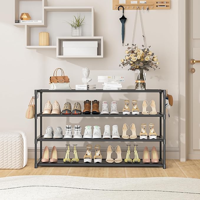 Extra Long Shoe Rack 4 Tier Shoe Storage Organizer with 2 Hooks, Wide Stackable Shoe Organizer Racks for Closet Entryway,Shoe Shelf Stand Sturdy Durable Shoes Holder Save Space Up to 26Pairs