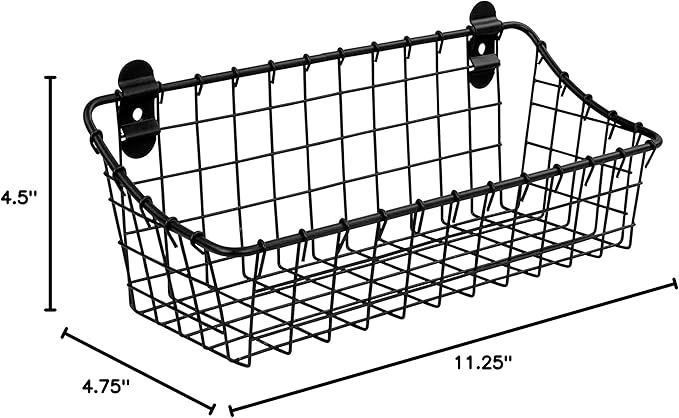 Spectrum Small Wire Wall Basket Matte Black Mounted Rustic Wall Bin, Vintage Wall Mounted Basket Organizer for Pantry Storage, Wall Mount Storage Wire Caddy for Kitchen Organization