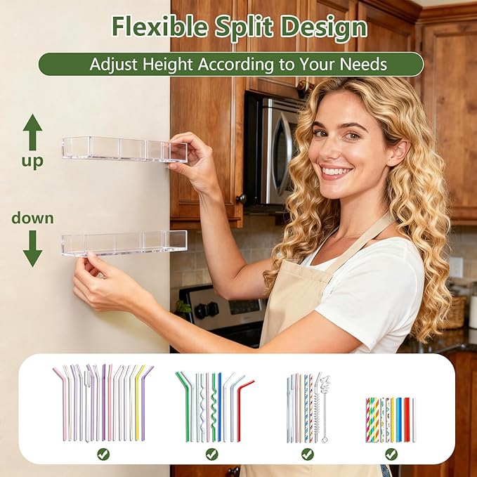 9.5â Large Acrylic Straw Holder for Cabinet Door - Reusable Tumbler Straw Organizer Storage, Small Kitchen Accessories Container, Ultra Sticky Cupboard Door Mounted (Transparent)