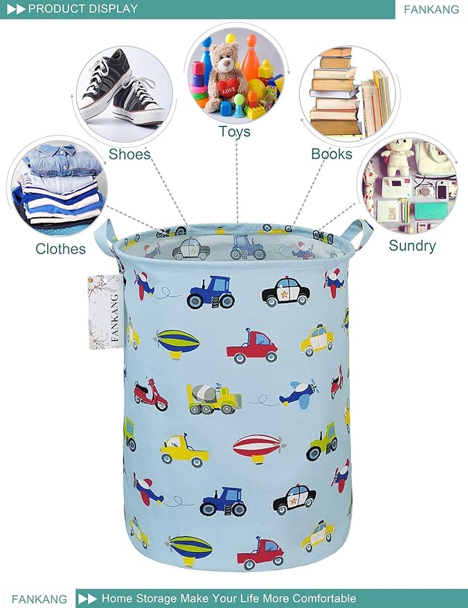 FANKANG Storage Basket, Nursery Hamper Canvas Laundry Basket Foldable with Waterproof PE Coating Large Storage Baskets for Kids Boys and Girls, Office, Bedroom, Clothes,Toysï¼Carï¼