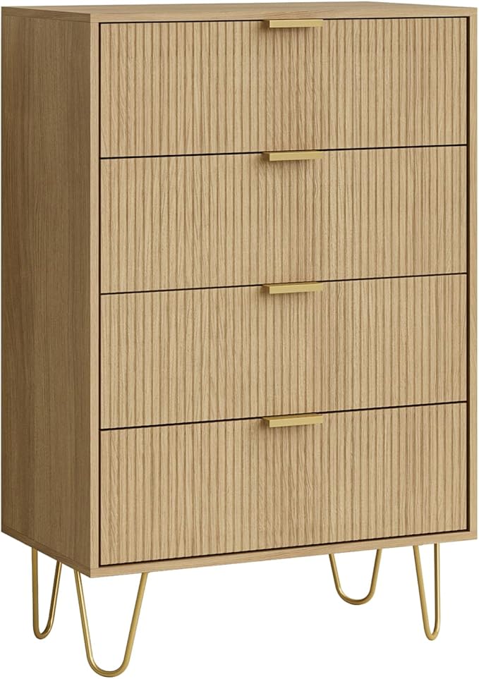 Masupu 4 Drawer Dresser, Drawer Chest, Tall Storage Dresser Chest Cabinet Organizer Unit with Gold Metal Legs, Nightstand for Bedroom, Living Room, Closet, Hallway Natural Stripe