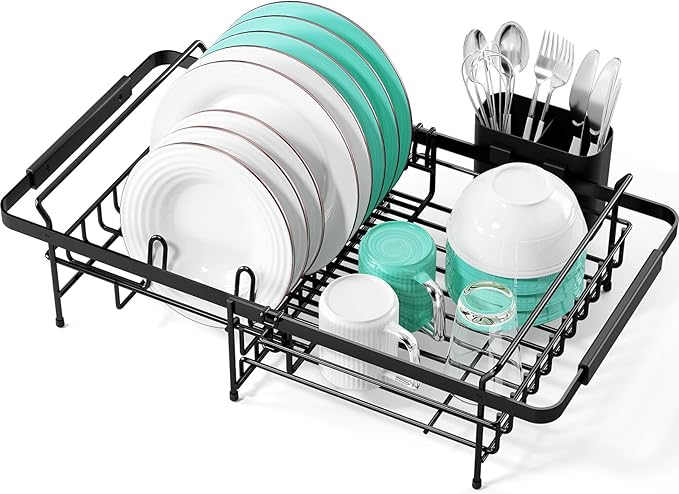 Dish Drying Rack in Sink - Expandable (14.5''-18''L) Over The Sink Dish Rack with Utensil Holder, Space-Saving Dish Drainer for Kitchen Counter, 1 Piece, Matte Black