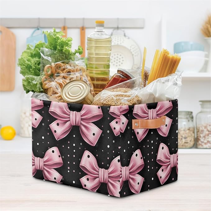 Storage Bins for Organization, Pink Bows Canvas Book Storage Bins with Handles, Bedroom Shelves Decorative Baskets for Organizing, Fabric Cube Bin Classroom Dorm Closet Organizer Box