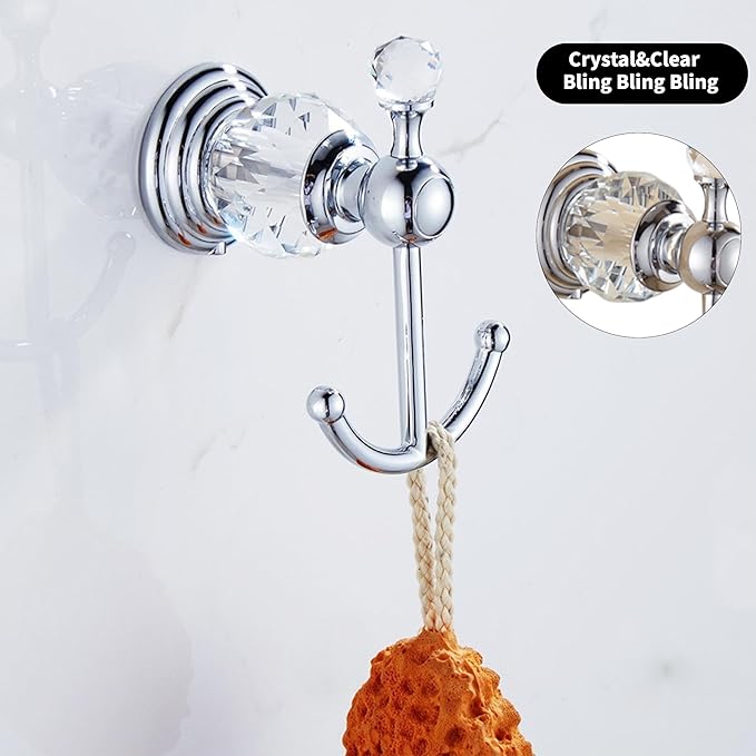 Crystal Silver Towel Hook, Chrome Bathroom Robe Hook, Coat Rack Hanger Heavy Sturdy Double Towel Hooks Bath Farmhouse Clothes Hook Wall Mounted Modern for Bathroom Kitchen Washroom