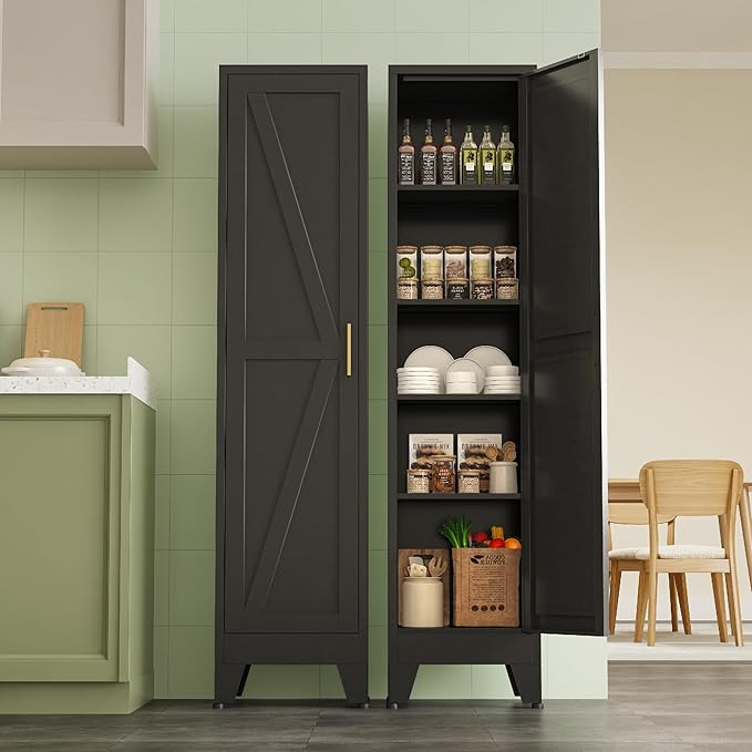 White Narrow Metal Storage Cabinet, Tall Freestanding Cabinet with 4 Adjustable Shelves & Barn Doors, Pantry Organizer for Bathroom Kitchen Home Office Dining Room(1PC,Black)