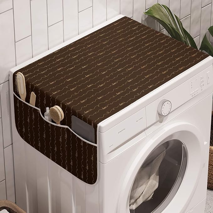 Ambesonne Brown Washing Machine Organizer, Dark Brown Backdrop Image with Letterings Hope Love Fun Happy, Anti-slip Fabric Cover for Washers and Dryers, 47" x 18.5", Brown Cream