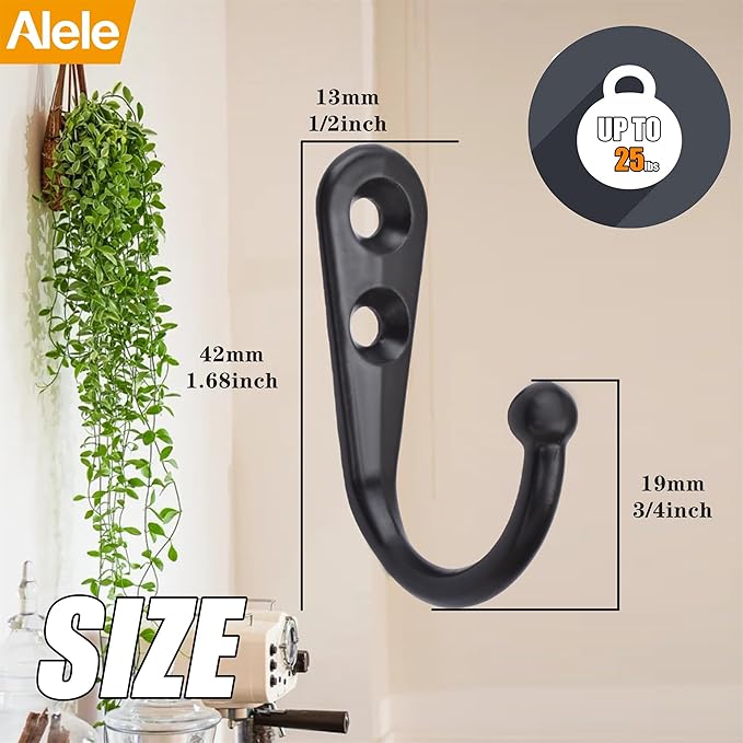 Alele 12Pcs Wall Mounted Coat Hooks,Single Prong Robe Hook for Hanging,Black-Painted (Black Single Rebo Hook 12p)