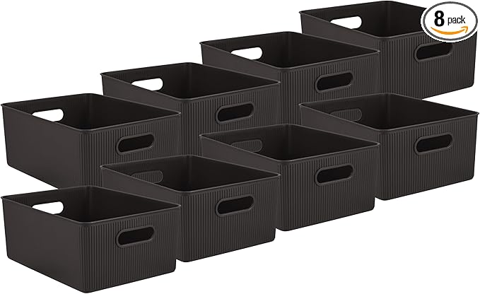 Superio Decorative Plastic Basket Open Home Storage Bins Organizer Baskets, Large Brown (8 Pack) Container Boxes for Organizing Closet Storage Bins for Shelves Drawer Shelf, 15 Liter