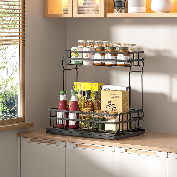 2 Pack Under Sink Organizers and Storage, 2 Tier Pull Out Cabinet Organizer, Metal Sliding Drawer Storage for Kitchen Bathroom,Black