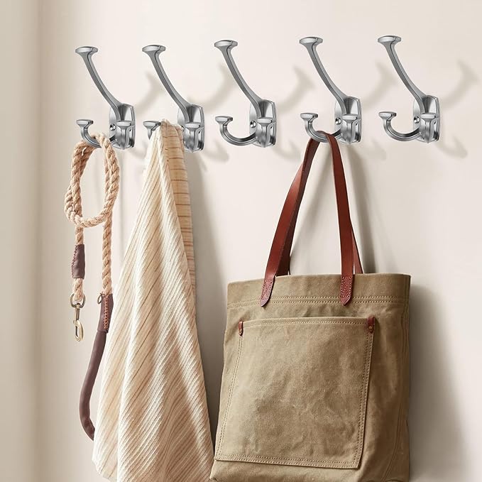 Large Wall Double-Sided Hook 10 Pack Brushed Satin Nickel Hook Decorative Heavy Duty Solid Large Coat Hooks for Towel Hanging Coats Robe Towel Bags Door Back 2 Prong Hooks