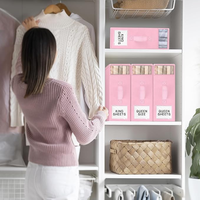 4 Pack Bed Sheet Closet Organizers and Storage,Sturdy Foldable Storage Containers with Window and Label,Storage and Organization for Bedding Sheets,Duvet Covers,Blankets (Pink)