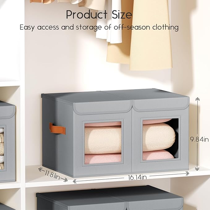 Large Closet Storage Bins - Collapsible Divided Clothes Organizer with Lids & Dual Window, Fabric Organizing Bins for Clothes, Sweater, Bedroom, Office (Grey, 3 Pack)