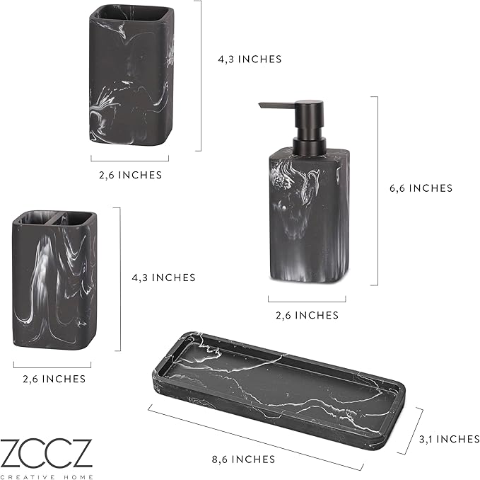 ZCCZ Bathroom Accessories Set, 4-Piece Marble Pattern with Soap Dispenser, Toothbrush Holder, Tumbler, and Soap Dish for Modern Bath Décor, Elegant and Durable Design for Home or Office Bathrooms
