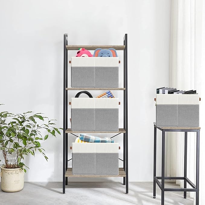 SNWDN 6 Pack Fabric Storage Baskets for Organizing Collapsible Fabric Storage Bins with Handles for Home and Office Organizing (White/Grey 11x11x11 Inches)