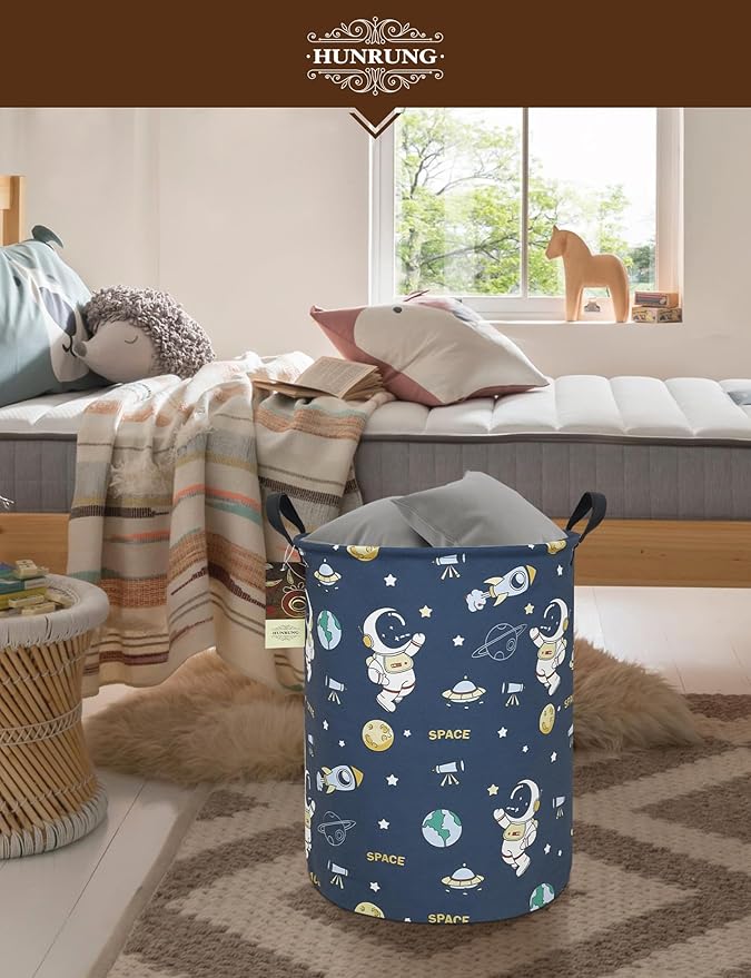 HUNRUNG Laundry Hamper,Large Canvas Fabric Lightweight Storage Basket Toy Organizer Dirty Clothes Collapsible Waterproof for College Dormsï¼Round-Blue Space Astronautï¼