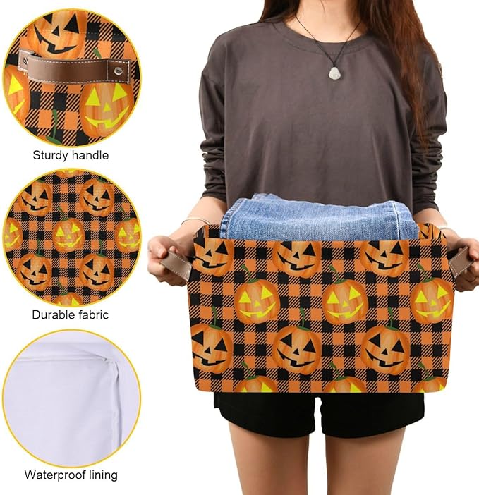 Bolaz Halloween Pumpkin Orange Buffalo Plaid Storage Basket,Large Storage Bin Fabric Collapsible Organizer Bag with Handles 15x11x9.5 inch