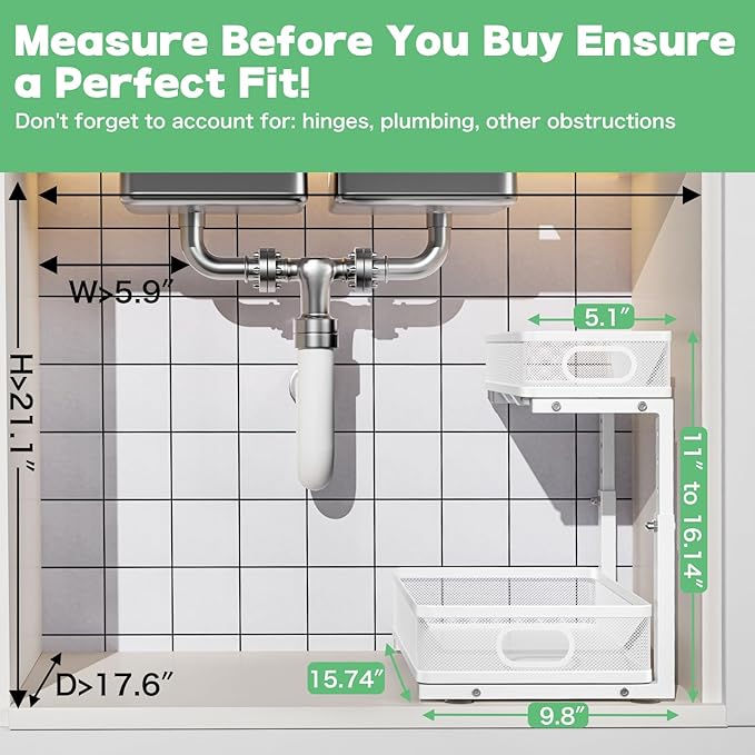 Under Sink Organizer, Height Adjustable 2 Tier Under Sink Organizers and Storage, Slide Out Metal Cabinet Organizers, Pull Out Sink Storage Drawer Shelf for Kitchen Bathroom Cabinet, White, 2 Pack