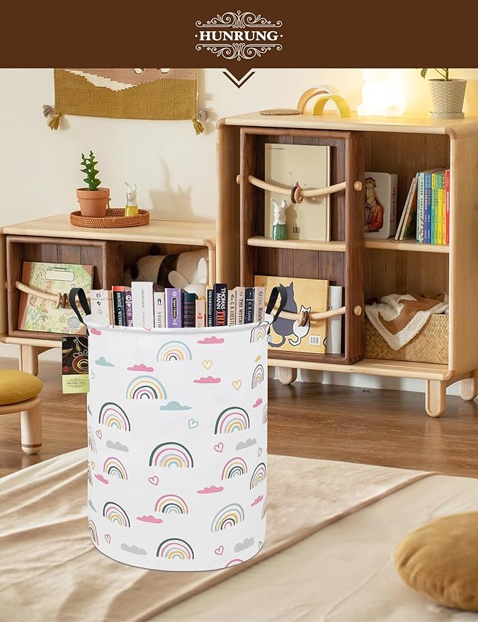 HUNRUNG Laundry Hamper,Large Canvas Fabric Lightweight Storage Basket Toy Organizer Dirty Clothes Collapsible Waterproof for College Dormsï¼Round-Rainbowï¼