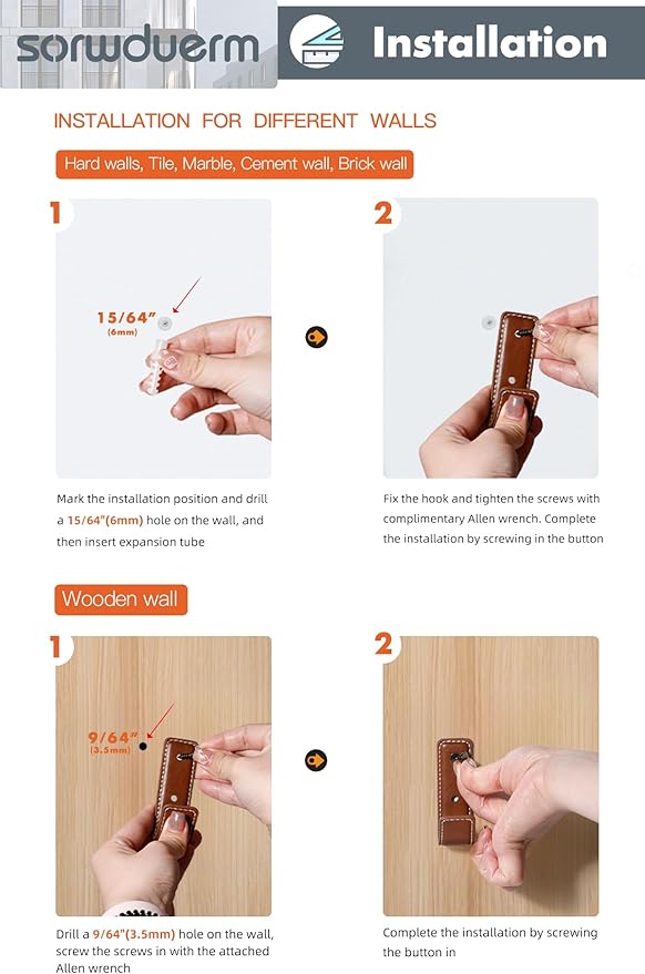 2 Pack Brown Leather Coat Hooks Wall for Hanging Rectangle Coat Hooks for Hanging Robe Towels Bags Hats Scarf Keys Clothes Suitable for Bedroom, Entryway and Closet