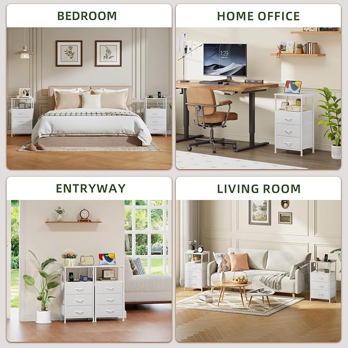 Somdot White Nightstand with Charging Station and LED Light for Bedroom, Tall 3 Drawers Dresser with Fabric Bins for Bedside Kids Dorm Room Closet Laundry Entryway, White Leather