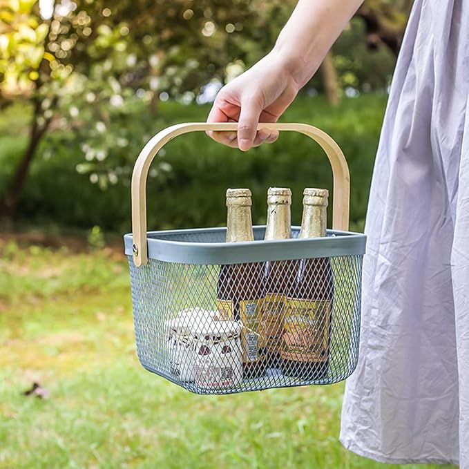 Mesh Steel Storage Organizer Basket Fruit Basket Bin with Wood Handle Ideal for Kitchen Bathroom Picnic Baskets Pantry Cabinets Storage Home Decor (Lemon Yellow)