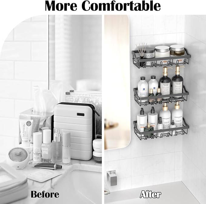 4 Pack Shower Caddy - Adhesive Organizer for Bathroom Storage, Rustproof Stainless Steel Shelves, No Drilling, Large Capacity Shower Rack, Black