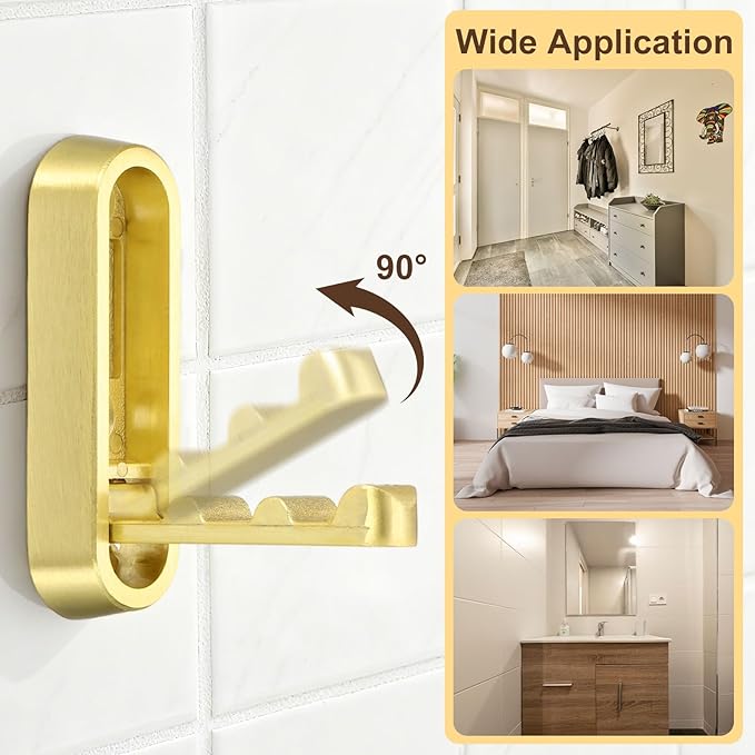 uxcell Foldable Wall Hooks, Aluminum Alloy Heavy Duty Wall Mounted Folding Coat Hooks with Mounting Accessories Space-Saving for Hanging Coat Towels Hat Bags, Oval, Brushed Gold