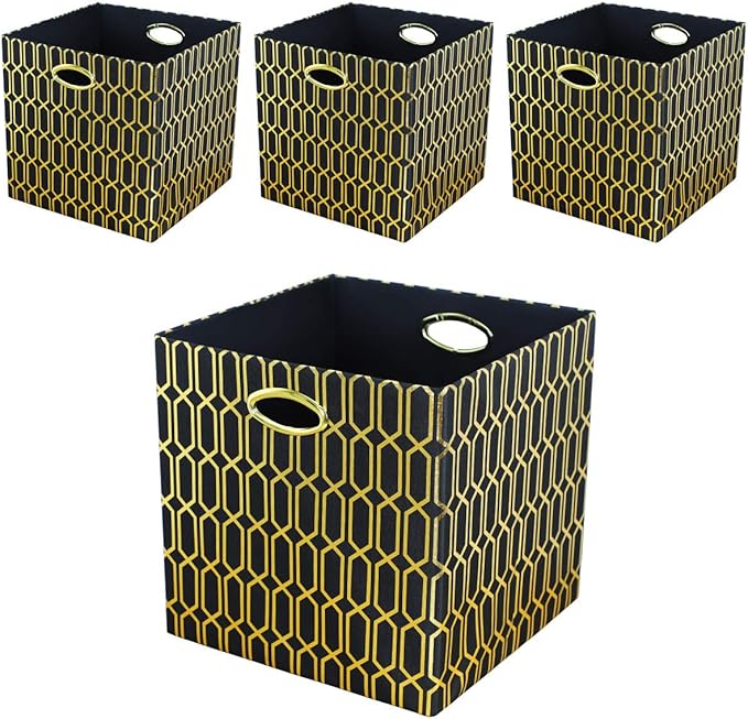 Posprica Storage Bins, Storage Cubes,13Ã13 Fabric Drawers Organizer Basket Boxes Containers (13Ã13Ã13/4pcs, Black/gold geometry Pattern)